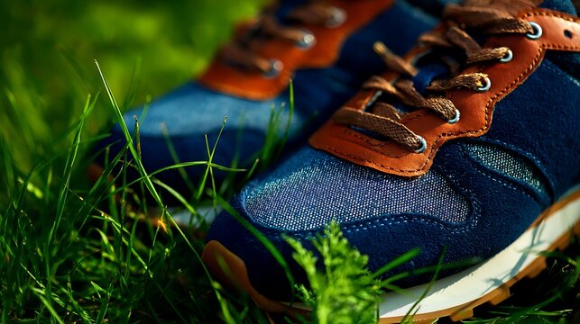 Close-up of blue denim sneakers with brown leather accents on green grass.