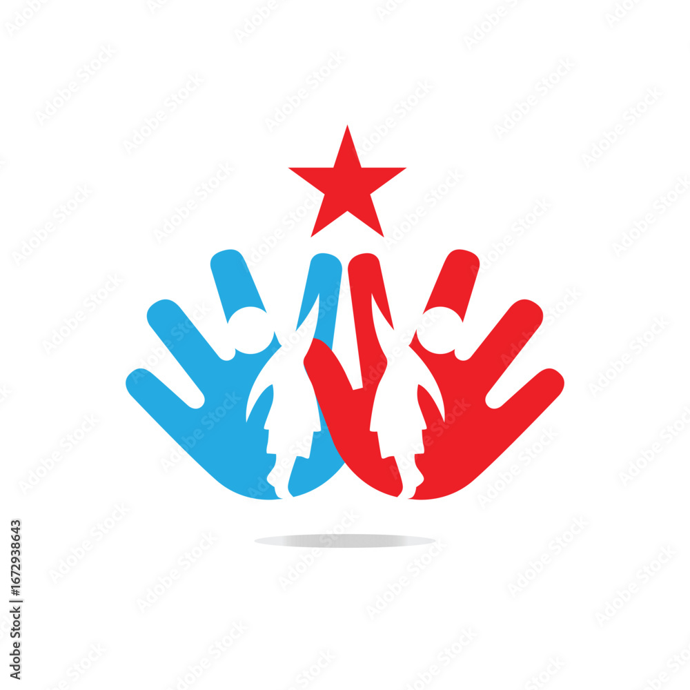 Poster the image shows an abstract logo design that depicts two children inside two hands shape trying to r