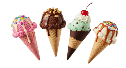Sweeten your day with colorful ice cream cones, a delightful treat for everyone, perfect for summer promotions and dessert ads, yummy!