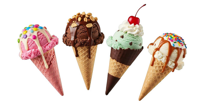 Sweeten your day with colorful ice cream cones, a delightful treat for everyone, perfect for summer promotions and dessert ads, yummy!