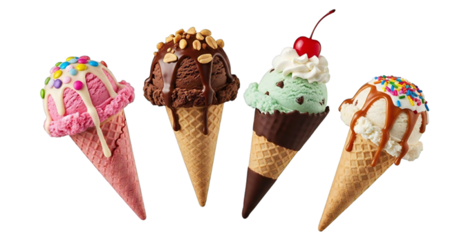 Sweeten your day with colorful ice cream cones, a delightful treat for everyone, perfect for summer promotions and dessert ads, yummy!