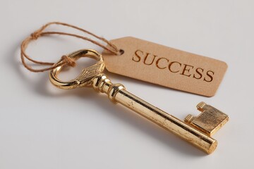 Close-up of a gold antique key with a tag that reads "SUCCESS" on a neutral background. Concept for business solutions, achieving goals, and unlocking potential