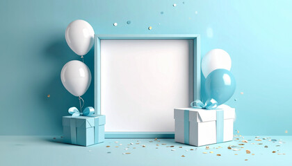 Celebration Mockup Empty Frame with Balloons and Gifts for Party
