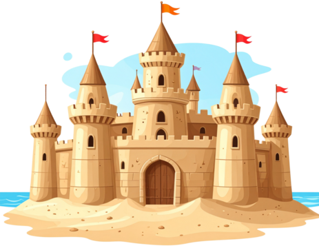 Elaborate Sandcastle with Twin Towers, Central Archway, and Decorative Red Flags, isolated on transparent background