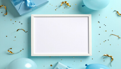 Festive blue party flat lay with a blank white photo frame mockup, balloons, a gift box, and golden confetti for a birthday or baby shower