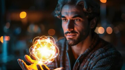 Man holding glowing atomic structure footage - Powered by Adobe