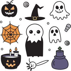 Spooky Halloween Icons: Pumpkin, Ghosts, Witch Hat, Spiderweb, Cauldron, and More