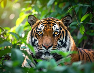 Obraz premium A tiger hiding in dense jungle bushes, only its glowing eyes visible