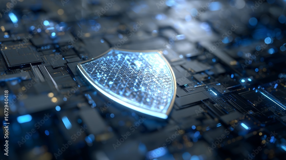 Poster close up metallic cyber security shield on a complex circuit board with digital lights, concept for 