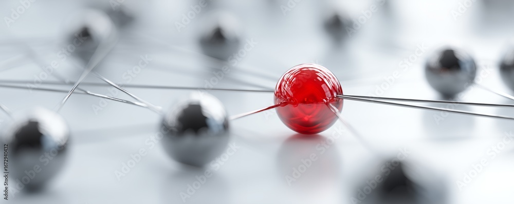 Poster network of spheres connected by thin lines, with a prominent red sphere highlighted. concept for net