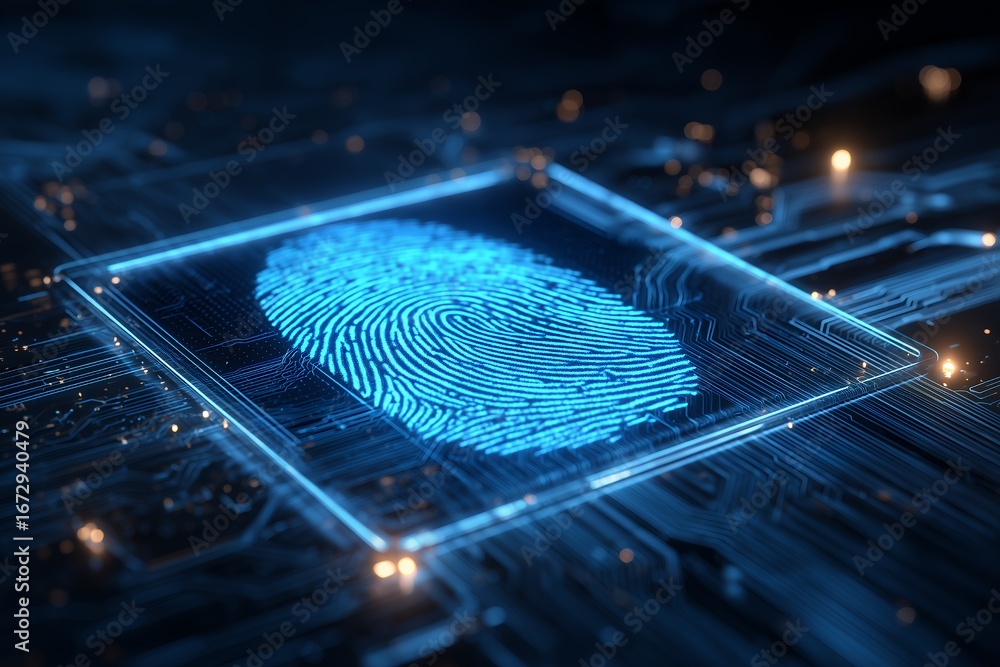 Poster a glowing blue fingerprint displayed on a circuit board with bokeh lights, concept for biometric aut