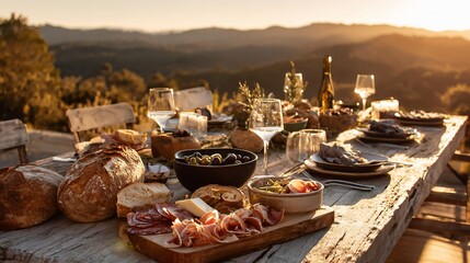 Rustic feast laid on a table with a mountain vista