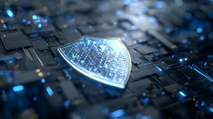 Close up metallic cyber security shield on a complex circuit board with digital lights, concept for data protection, network defense and digital safety applications