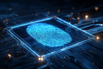 A glowing blue fingerprint displayed on a circuit board with bokeh lights, concept for biometric authentication, digital security and identity verification