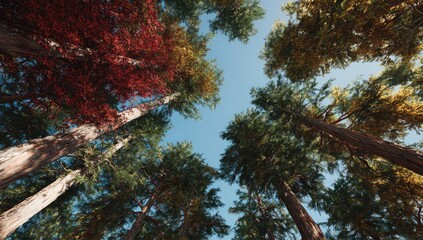 Low-angle view of tall trees with vibrant autumn foliage against a clear blue sky
