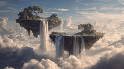 Floating islands sky waterfall cloud fantasy landscape serene tree