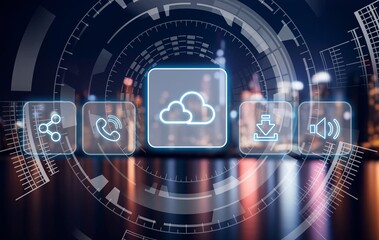 Cloud service hologram and night city skyline