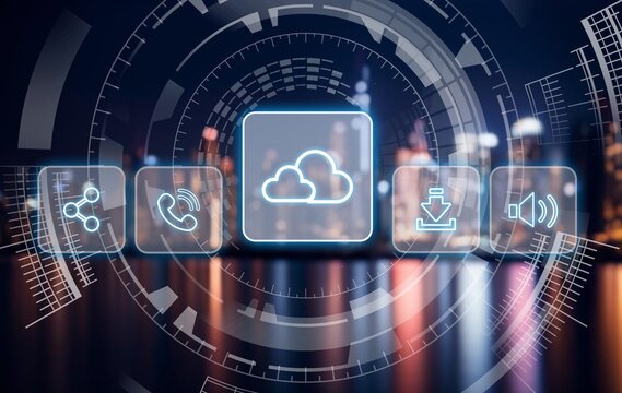 Cloud service hologram and night city skyline - Powered by Adobe