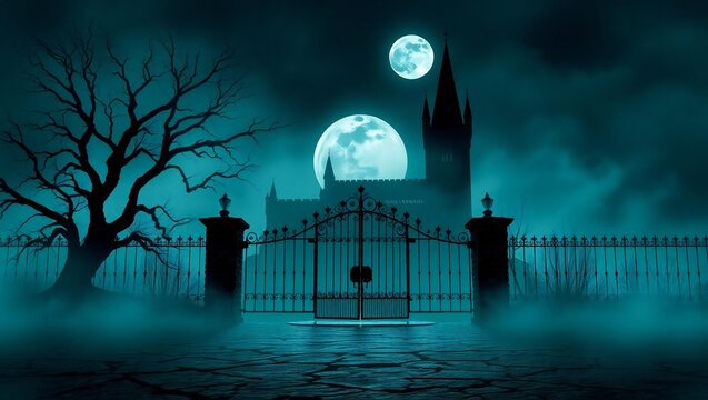 Eerie gothic castle entrance under a full moon with fog