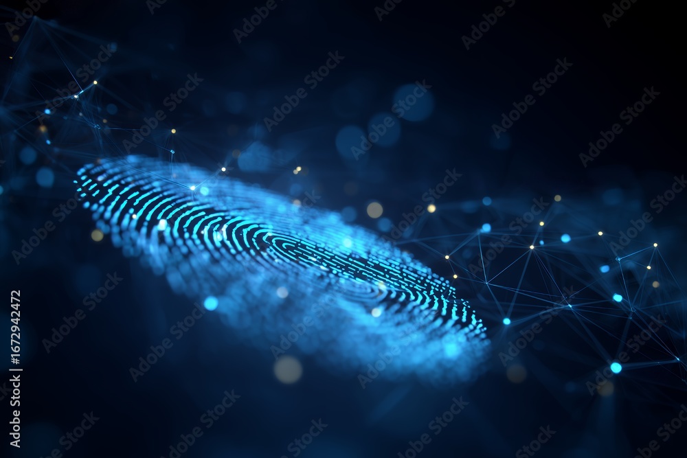 Poster glowing blue fingerprint scan with network connection on dark background, concept for biometric iden