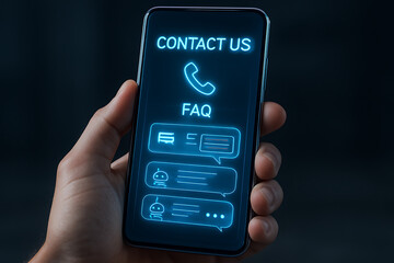 A person holds a phone with a screen displaying a contact us page with a phone icon, frequently asked questions (FAQ) and chatbot dialogue bubbles