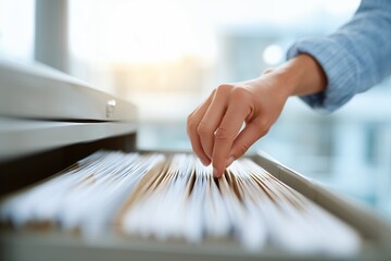 Close up of woman's hand searching through files in a filing cabinet at office, concept for document management, information retrieval and data analysis