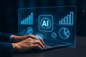A businessman is typing on a laptop with a digital glowing analytics dashboard and an ai brain icon, symbolizing business intelligence and data analysis