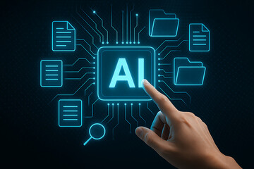 Naklejka premium A hand pointing to an ai processor connected to digital folders and documents, symbolizing artificial intelligence managing data and files