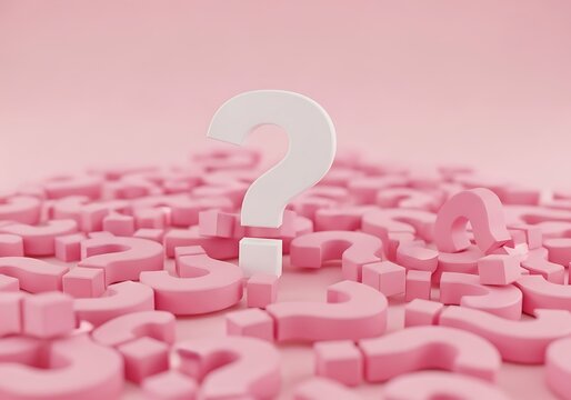 A white question mark stands out amidst a sea of pink question marks - Powered by Adobe