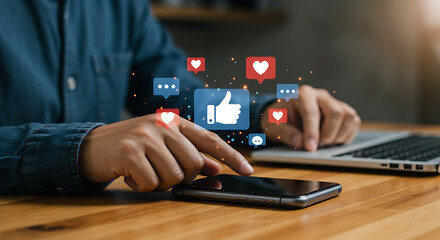 A person is actively using a smartphone with digital icons representing social media feedback and engagement.