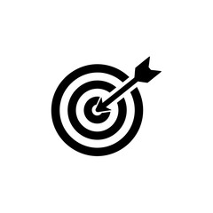 Black and white graphic of an arrow hitting the bullseye of a circular target.