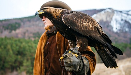 Man with a golden eagle on his arm in a natural setting.