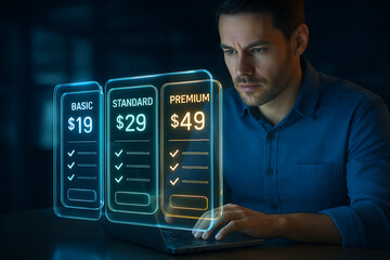 Man looking at a glowing premium subscription pricing plan with basic, standard, and premium options on a futuristic screen while using a laptop to make a choice