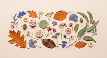 Assorted pressed flowers and leaves arranged on a light beige background in a flat lay style