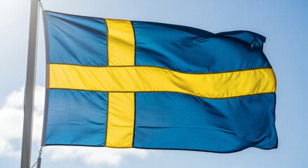 A swedish flag waving against a clear blue sky with a flagpole visible on the left side of the image