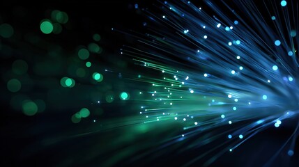 Fototapeta premium Close up macro view of illuminated fiber optic strands glowing with blue and green light against dark blurred background with bokeh circles