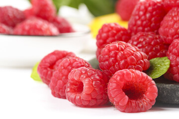 Fresh Red Raspberries with Mint Leaves - Healthy Berry Fruit Food Photography