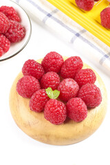 Fresh Red Raspberries in Wooden Bowl - Healthy Organic Fruit Food Photography
