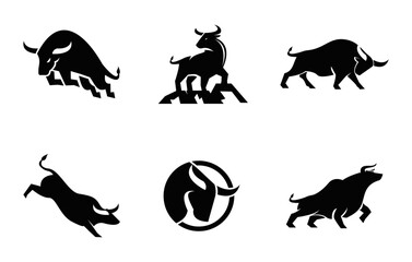Dynamic Bull Logo Design Collection: Powerful Black Silhouettes of Raging and Charging Bulls, Ideal for Sports, Finance, and Branding Concepts
