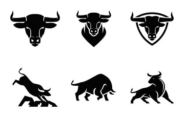 Bull Logo and Silhouette Collection: Strong Black Bull Head and Full Body Icons for Design, Mascot, and Branding