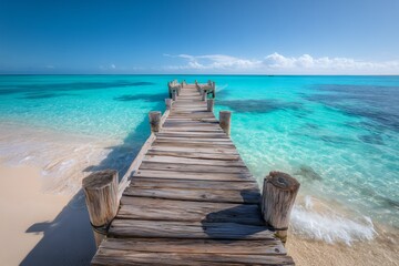 Obraz premium Wooden pier stretches into crystal turquoise water, with sandy beach and clear sky. Concept for coastal escape, tropical vacation and serene landscape photography