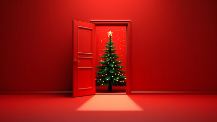 Christmas tree behind the red door opening