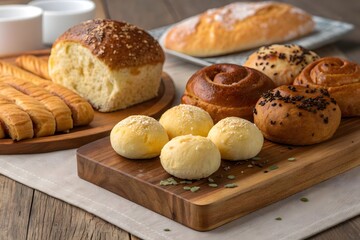 Fresh baked bread and buns on wooden table