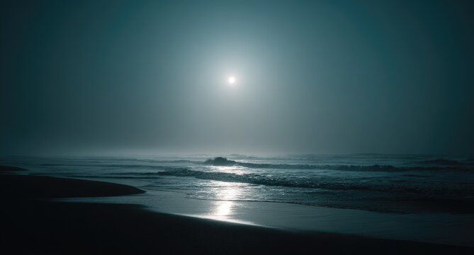 Misty beach at night, sunlit waves