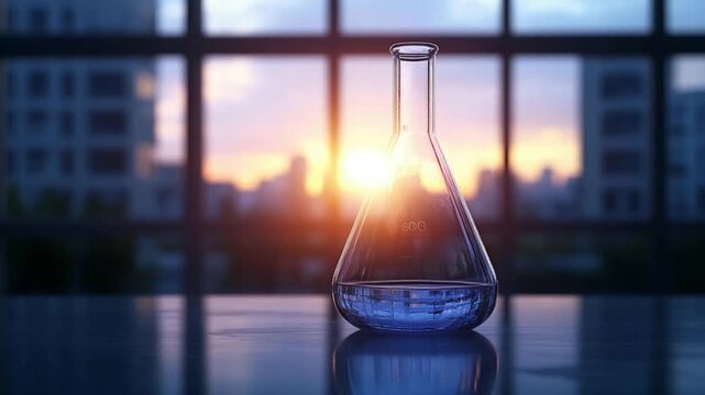 Clear glass flask on a table in front of a window with a sunset view