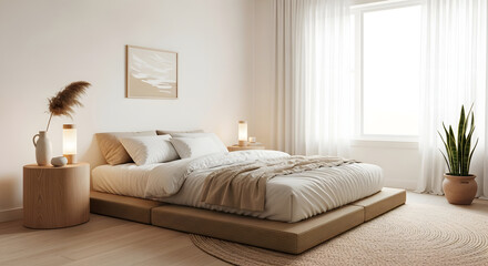Tranquil and bright bedroom showcasing elegant Japandi Interior design with minimalist decor and natural light