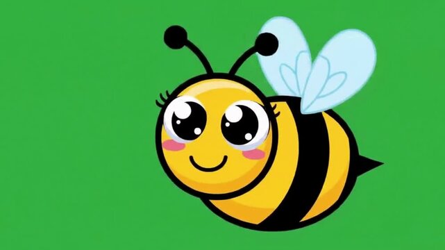 Animated Cartoon Bee with Big Eyes and Wings on Green Background
