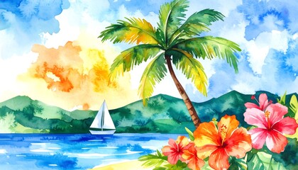 Vibrant watercolor tropical escape showcasing a serene coastal landscape at sunset