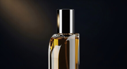 Close up of a perfume bottle with a black cap against a dark background in a studio setting
