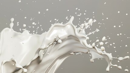Dynamic milk splash in mid-air against neutral gray background creating fluid motion with white creamy droplets and splatter texture. Abstract liquid movement concept with dynamic trajectories and hig